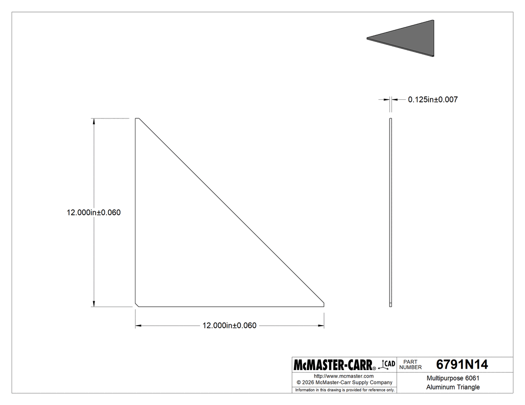 Technical Drawing of Multipurpose 6061 Aluminum Triangle, 12" Wide x 12" Long x 1/8" Thick.